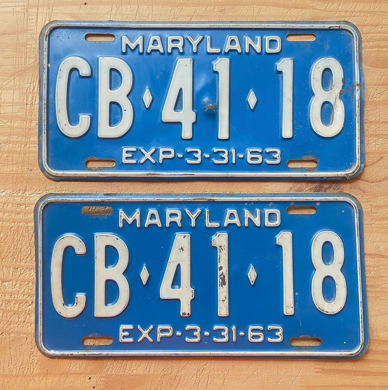 Photo of a 1963 Maryland License Plate Pair Auto Tag Garage Decor Vintage CB 41 18 with original patina