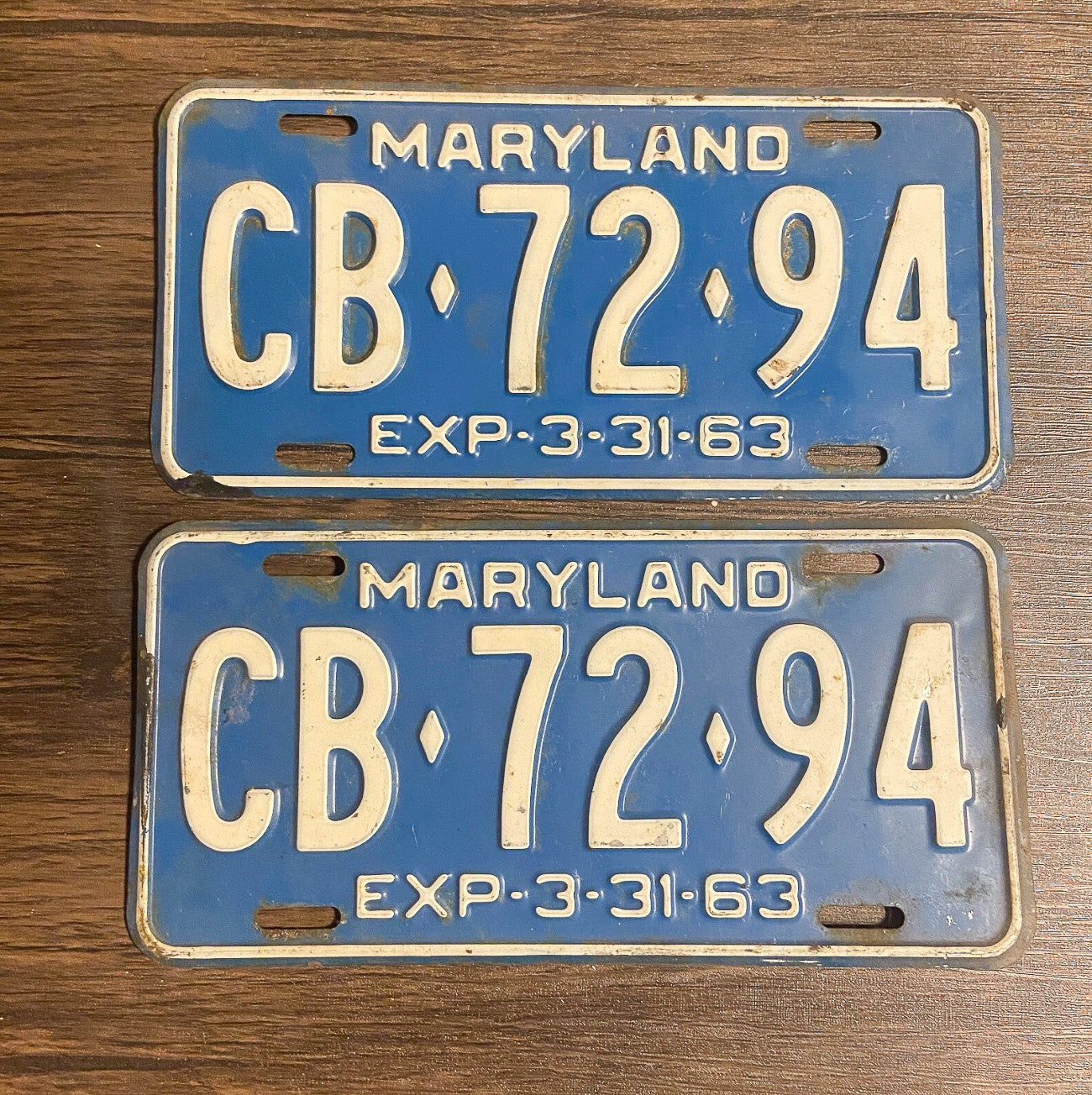 Photo of a 1963 Maryland License Plate Pair Auto Tag Garage Decor Vintage CB 72 94 with original patina