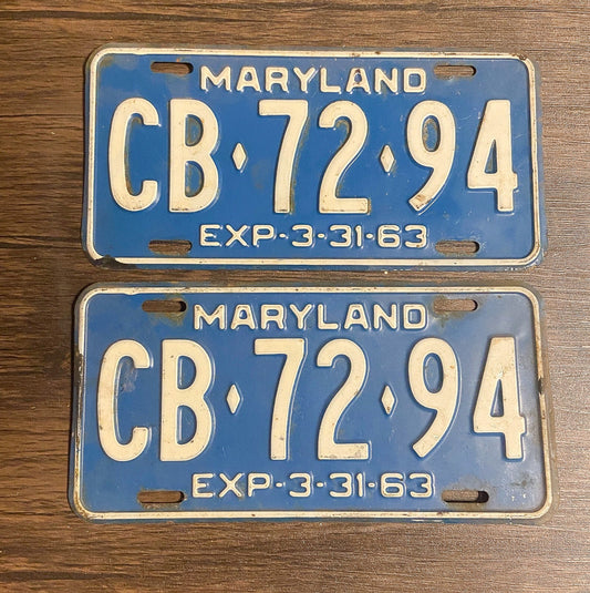 Photo of a 1963 Maryland License Plate Pair Auto Tag Garage Decor Vintage CB 72 94 with original patina