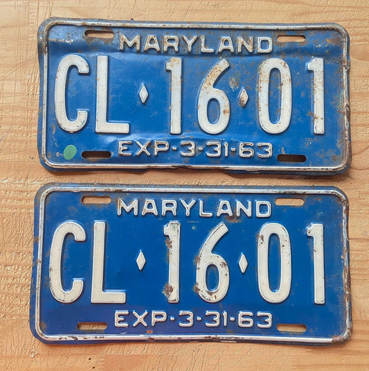 Photo of a 1963 Maryland License Plate Pair Auto Tag Garage Decor Vintage CL 16 01 with original patina