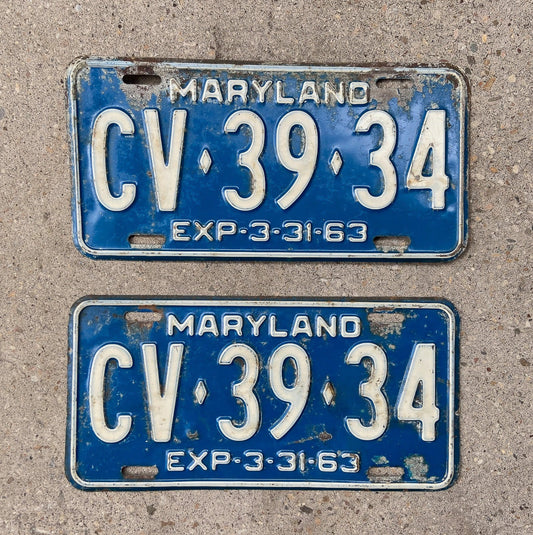 Photo of a 1963 Maryland License Plate Pair Auto Tag Garage Decor Vintage CV 39 34 with original patina