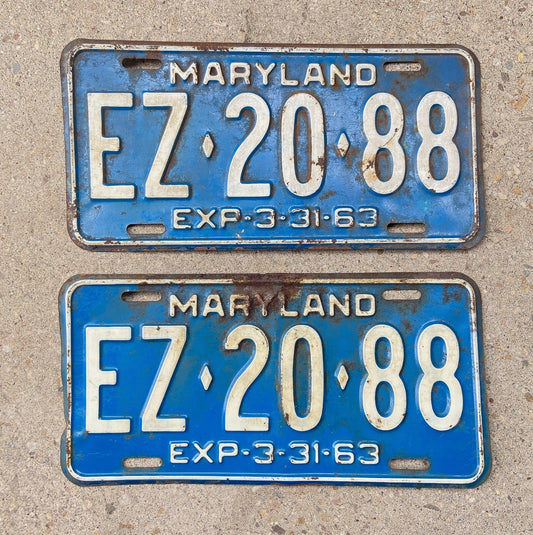 Photo of a 1963 Maryland License Plate Pair Auto Tag Garage Decor Vintage EZ 20 88 with original patina
