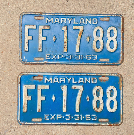 Photo of a 1963 Maryland License Plate Pair Auto Tag Garage Decor Vintage FF 17 88 with original patina
