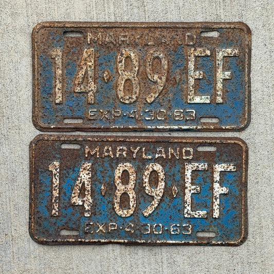 Photo of a 1963 Maryland Truck License Plate Pair Auto Tag Garage Decor Vintage 14 89 EF with original patina