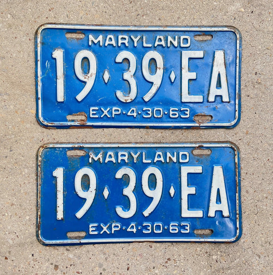 Photo of a 1963 Maryland Truck License Plate Pair Auto Tag Garage Decor Vintage 19 39 EA with original patina