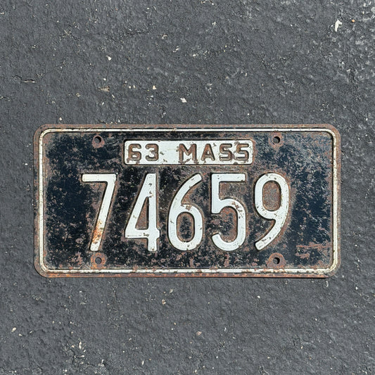Photo of a 1963 Massachusetts License Plate Auto Tag Garage Decor Vintage 74659 with original patina
