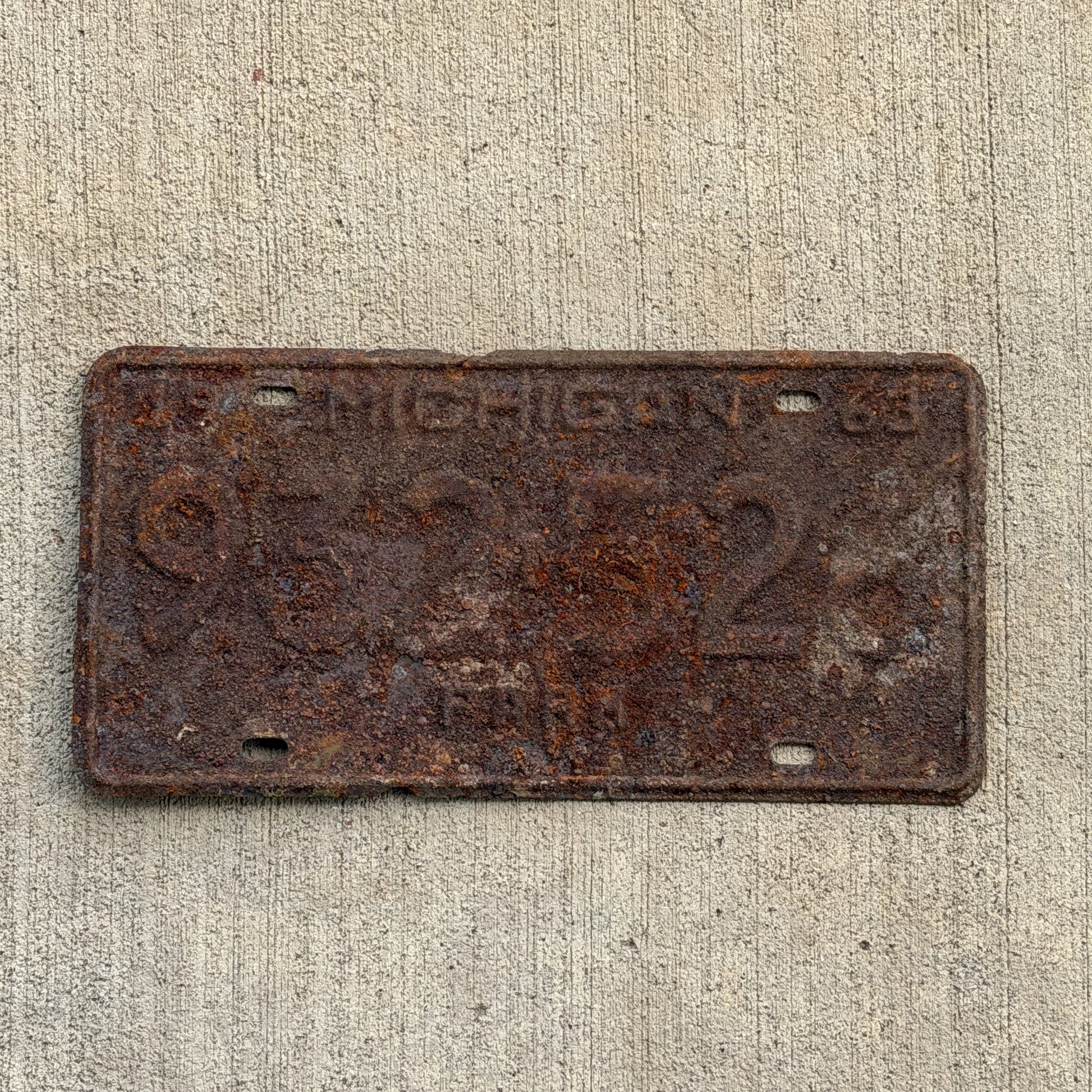 Photo of a 1963 Michigan Farm License Plate Auto Tag Garage Decor Vintage 932 526 with original patina