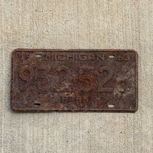 Photo of a 1963 Michigan Farm License Plate Auto Tag Garage Decor Vintage 932 526 with original patina