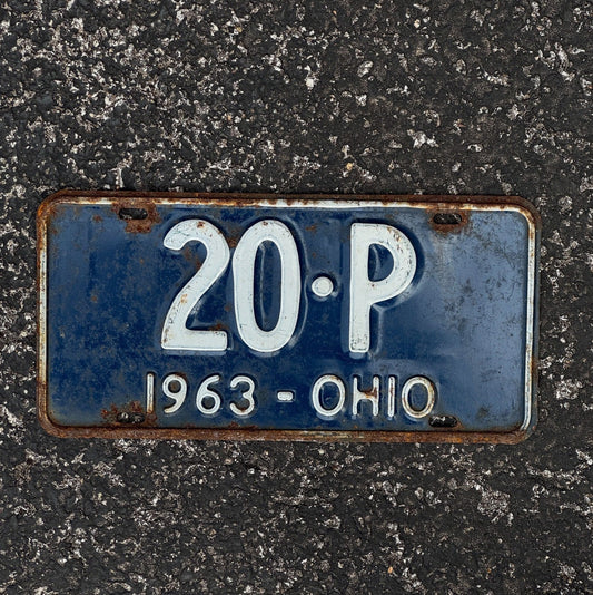 Photo of a 1963 Ohio License Plate Auto Tag Garage Decor Vintage Blue White 20P