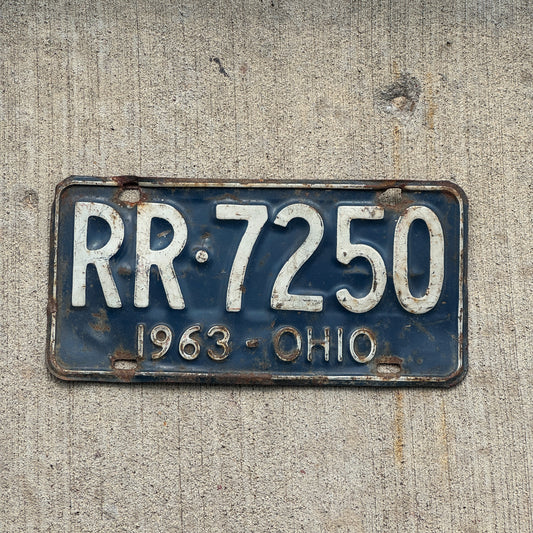 Photo of a 1963 Ohio License Plate Auto Tag Garage Decor Vintage RR 7250 with original patina