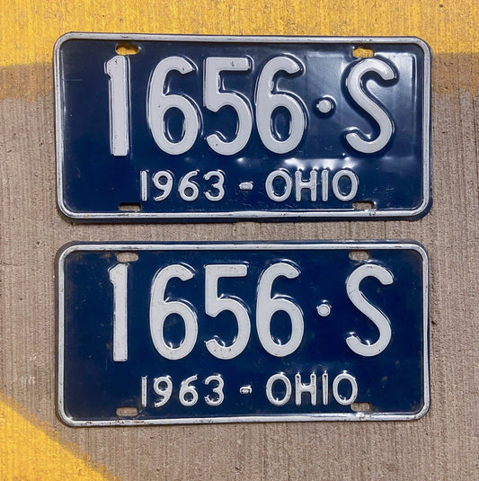 Photo of a 1963 Ohio License Plate Pair Auto Tag Garage Decor Vintage 1656 S with original patina