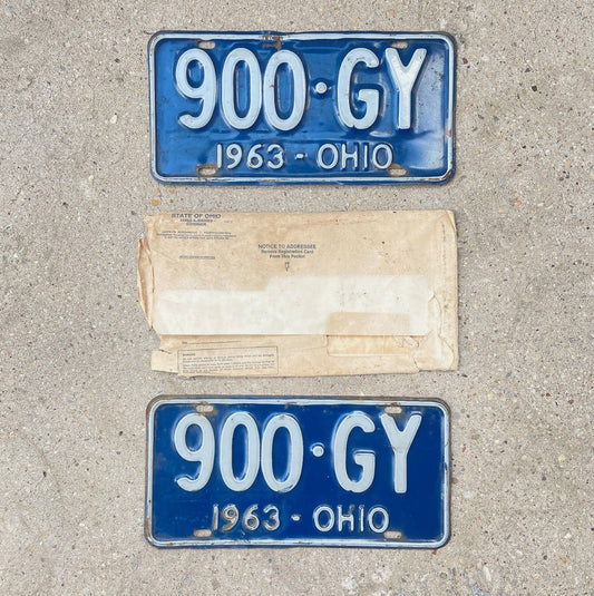 Photo of a 1963 Ohio License Plate Pair Auto Tag Garage Decor Vintage With Envelope 900 GY with original patina