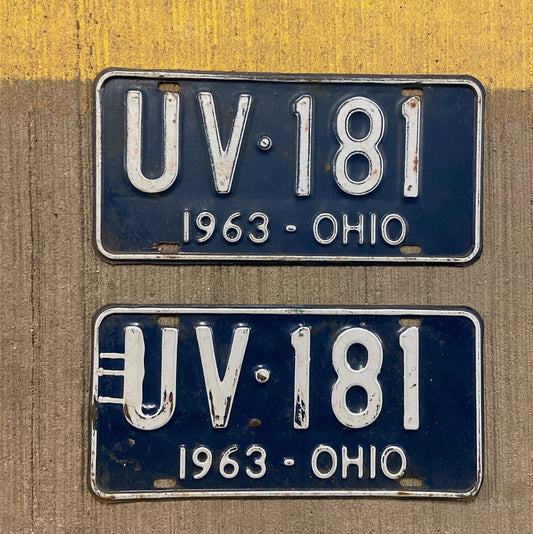 Photo of a 1963 Ohio Pair Auto Tag Garage Decor Vintage UV 181 with original patina