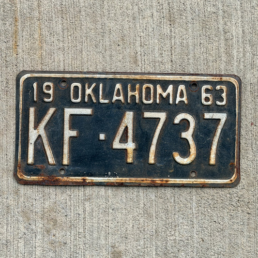 Photo of a 1963 Oklahoma License Plate Auto Tag Garage Decor Vintage KF 4737 with original patina