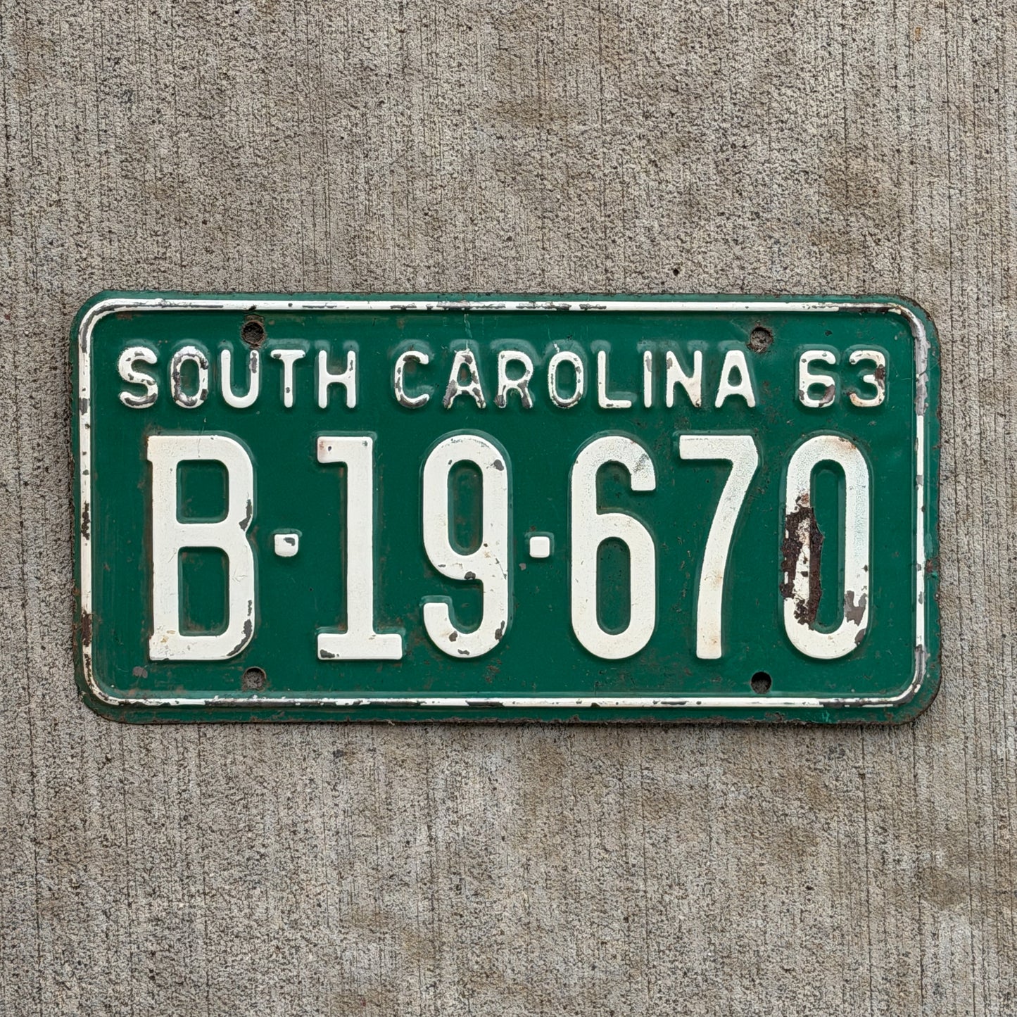 Photo of a 1963 South Carolina License Plate Auto Tag Garage Decor Vintage B 19 670 with original patina
