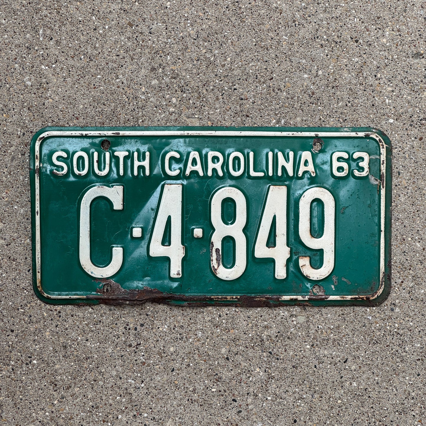 Photo of a 1963 South Carolina License Plate Auto Tag Garage Decor Vintage C 4 849 with original patina