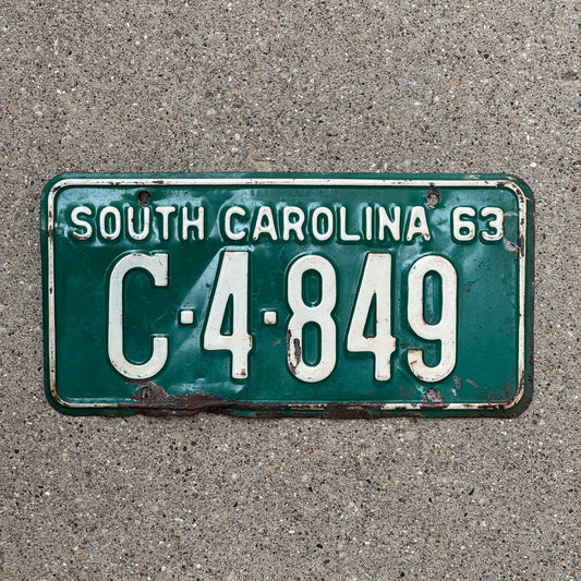 Photo of a 1963 South Carolina License Plate Auto Tag Garage Decor Vintage C 4 849 with original patina