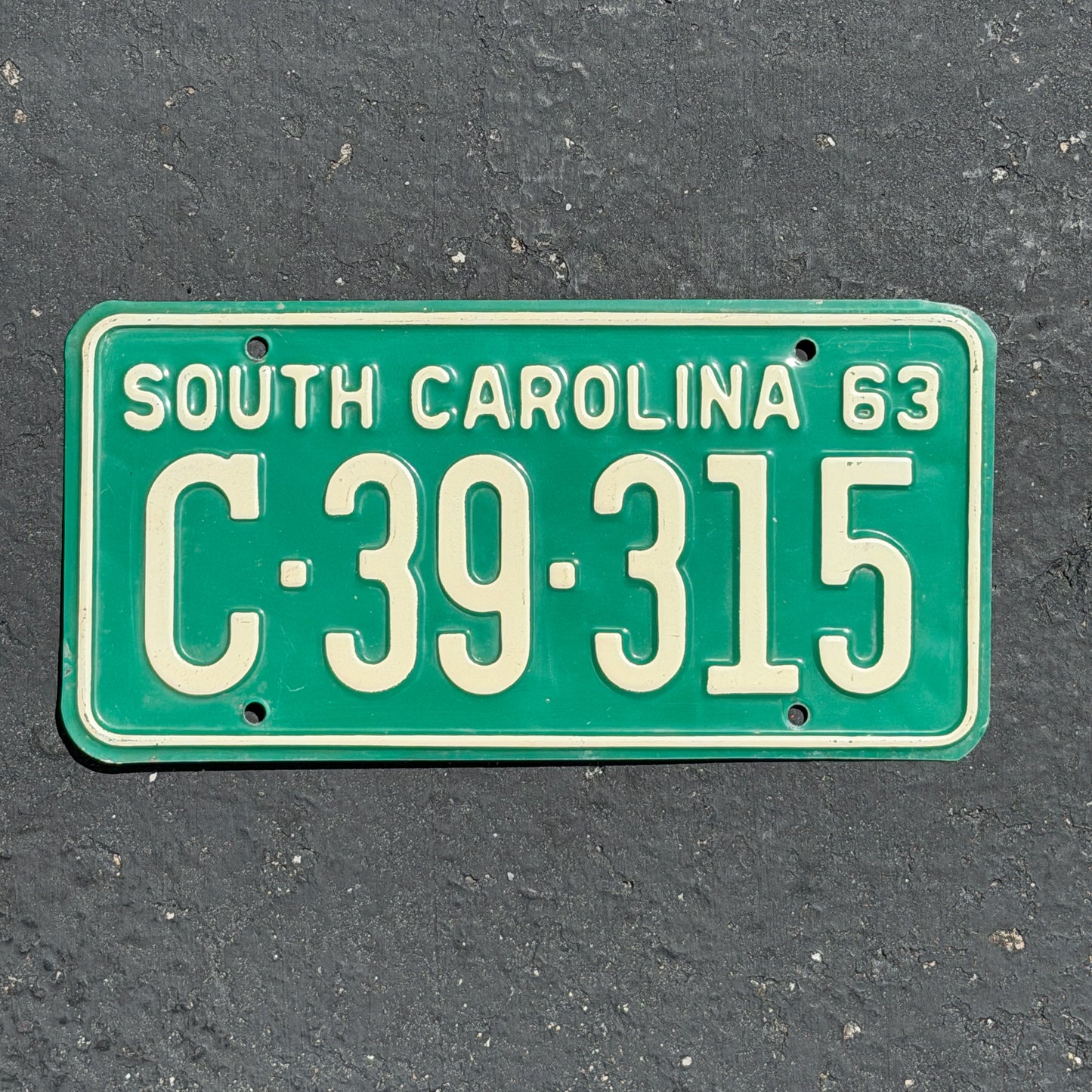 Photo of a 1963 South Carolina License Plate Auto Tag Garage Decor Vintage High Quality C 39 315 with original patina