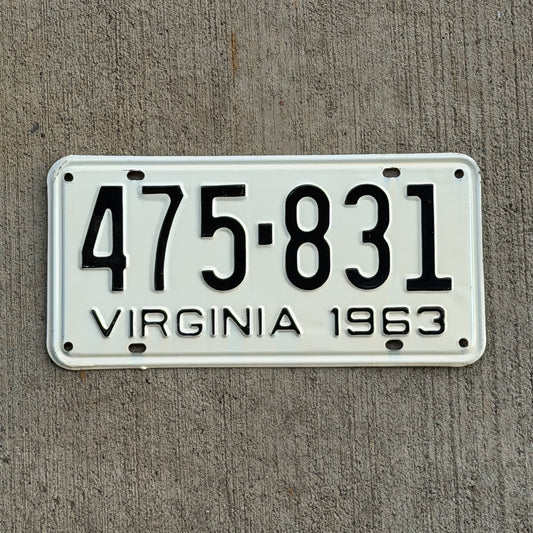 Photo of a 1963 Virginia License Plate Auto Tag Garage Decor Vintage High Quality 475 831 with original patina