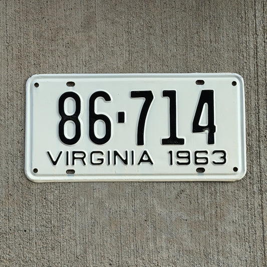 Photo of a 1963 Virginia License Plate Auto Tag Garage Decor Vintage High Quality 86 714 with original patina