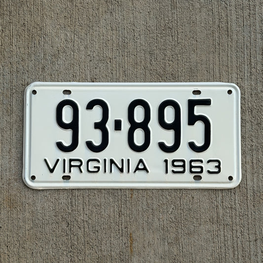 Photo of a 1963 Virginia License Plate Auto Tag Garage Decor Vintage High Quality 93 895 with original patina