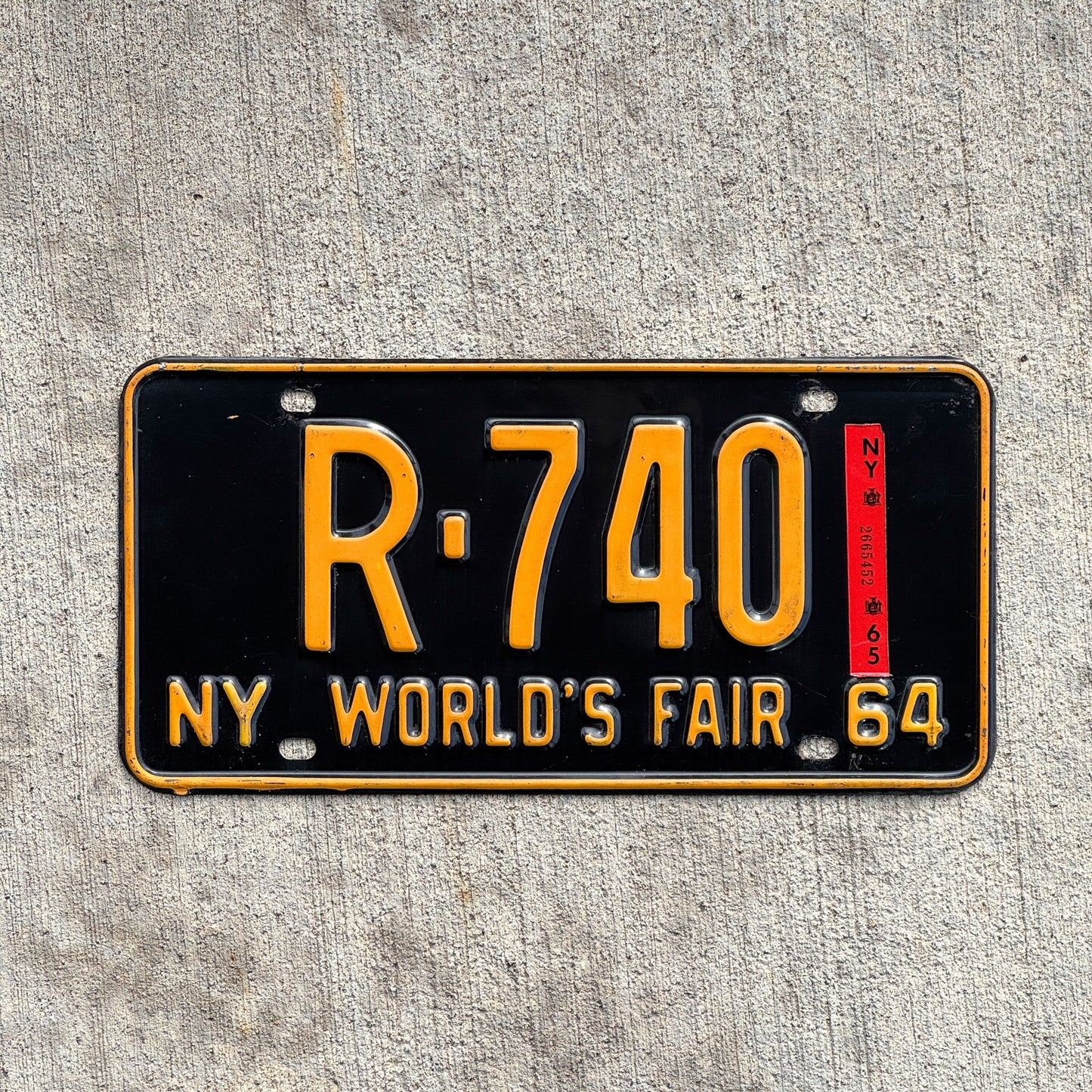 Photo of a 1964 1965 New York License Plate Auto Tag Garage Decor Vintage High Quality DMV Clear Single Plate Year R 740 with original patina