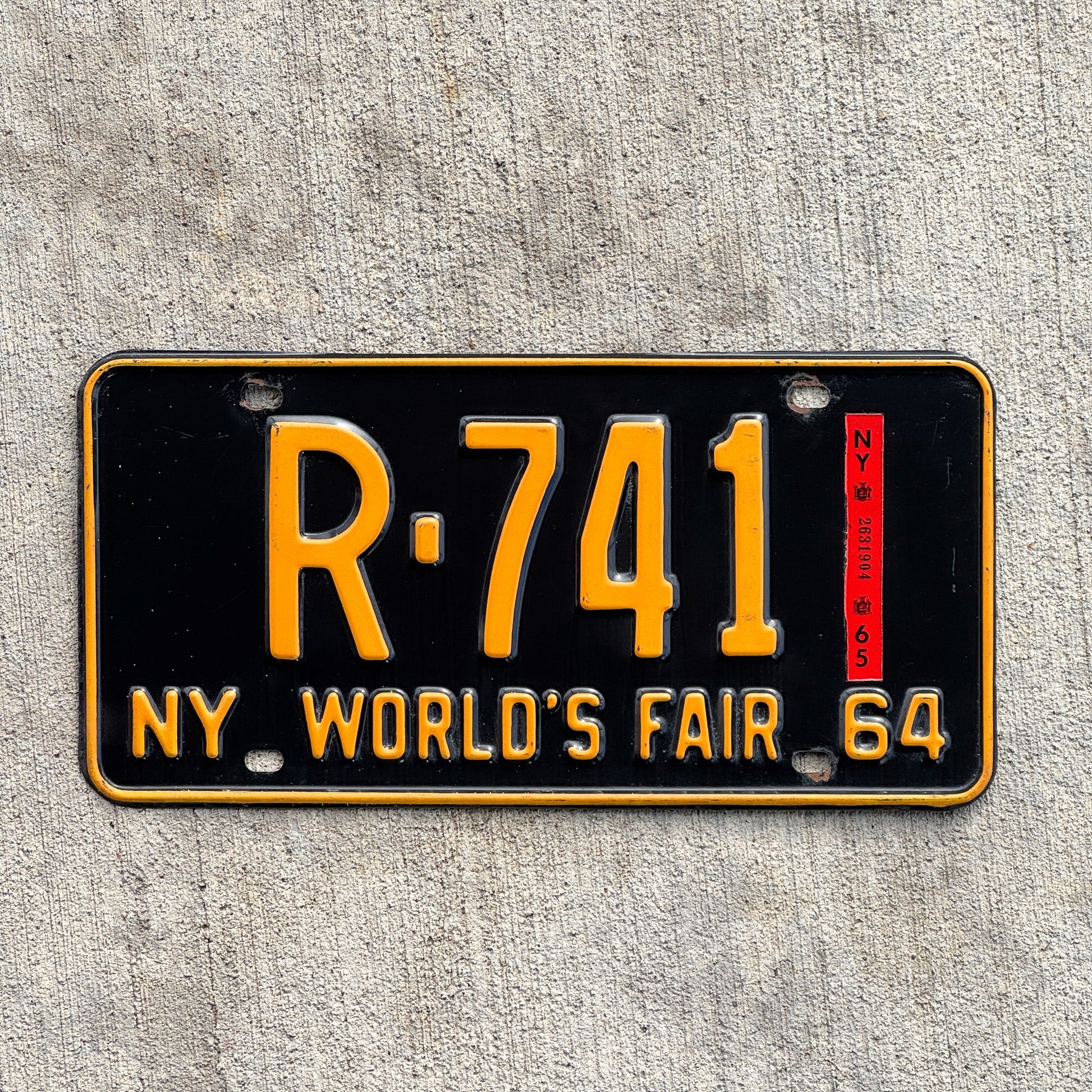 Photo of a 1964 1965 New York License Plate Auto Tag Garage Decor Vintage High Quality DMV Clear Single Plate Year R 741 with original patina