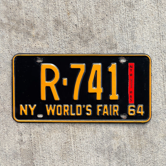Photo of a 1964 1965 New York License Plate Auto Tag Garage Decor Vintage High Quality DMV Clear Single Plate Year R 741 with original patina