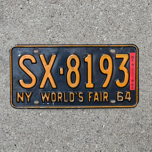 Photo of a 1964 1965 New York License Plate Auto Tag Garage Decor Vintage World's Fair DMV Clear SX 8193 with original patina