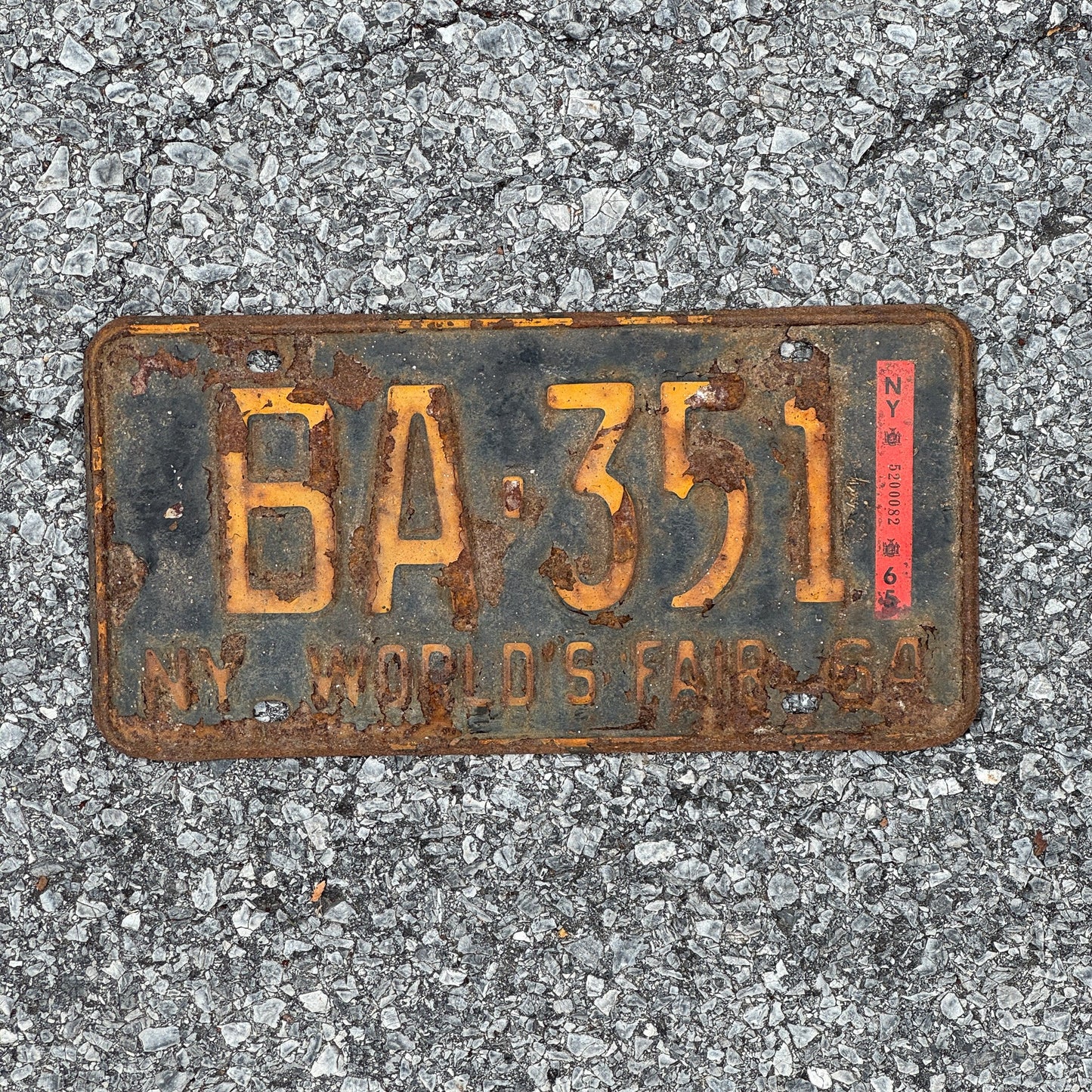 Photo of a 1964 1965 New York License Plate Auto Tag Garage Decor Vintage World's Fair Erie County BA 351