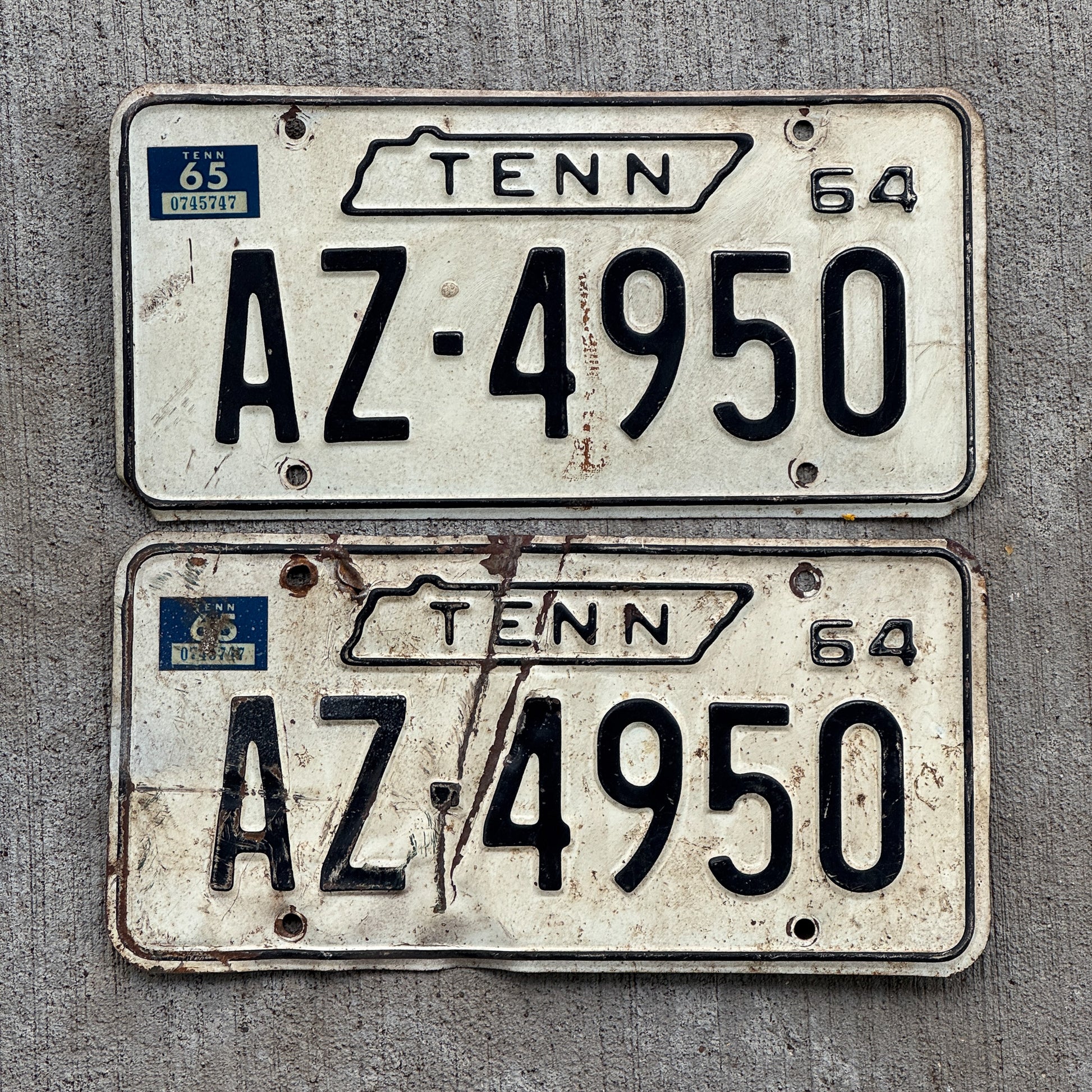Photo of a 1964 1965 Tennessee License Plate Pair Auto Tag Garage Decor Vintage AZ 4950 with original patina