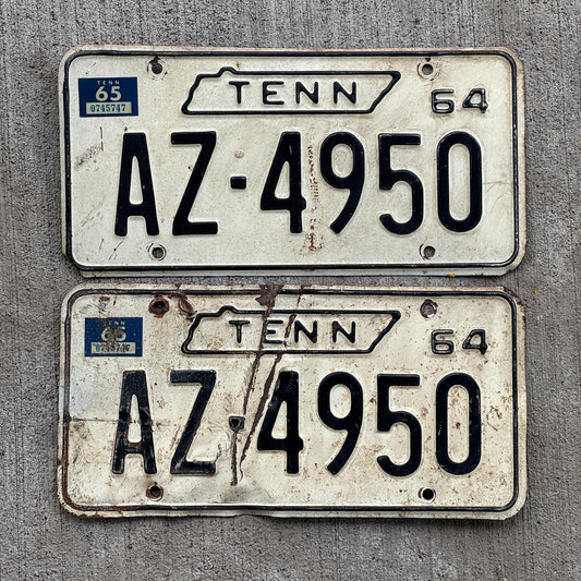 Photo of a 1964 1965 Tennessee License Plate Pair Auto Tag Garage Decor Vintage AZ 4950 with original patina