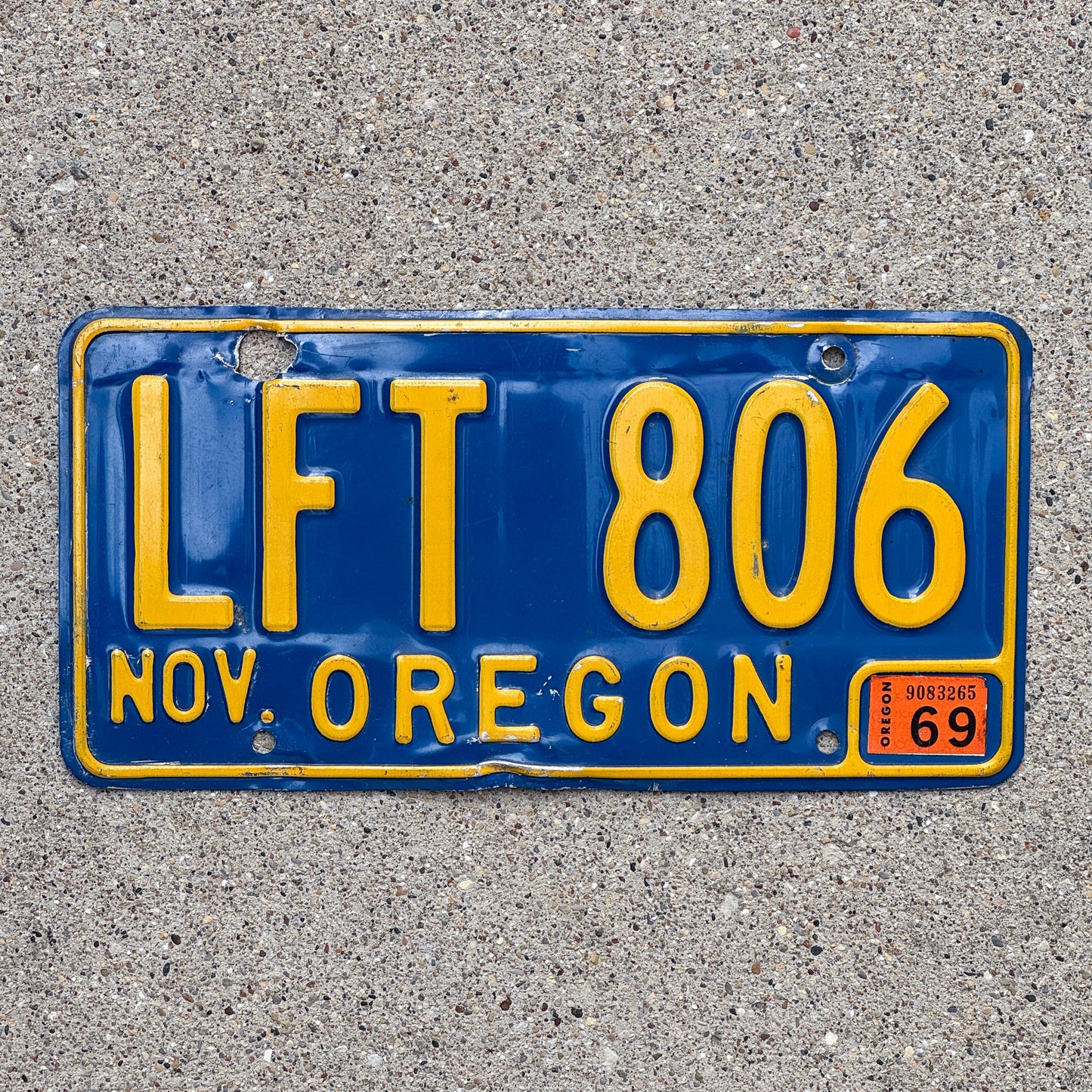 Photo of a 1964 1969 Oregon License Plate Auto Tag Garage Decor Vintage LFT 806 with original patina