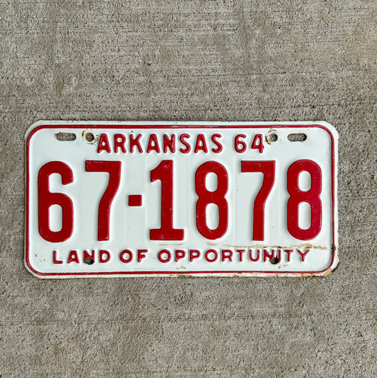 Photo of a 1964 Arkansas License Plate Auto Tag Garage Decor Vintage 67 1878 with original patina