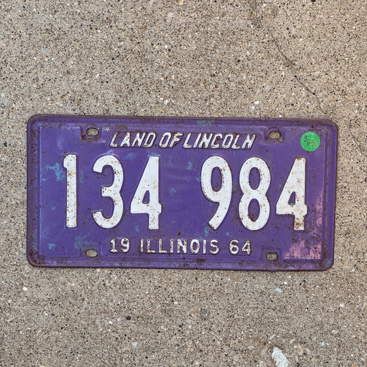 Photo of a 1964 Illinois License Plate Auto Tag 1 Garage Decor Purple 134 984 with original patina