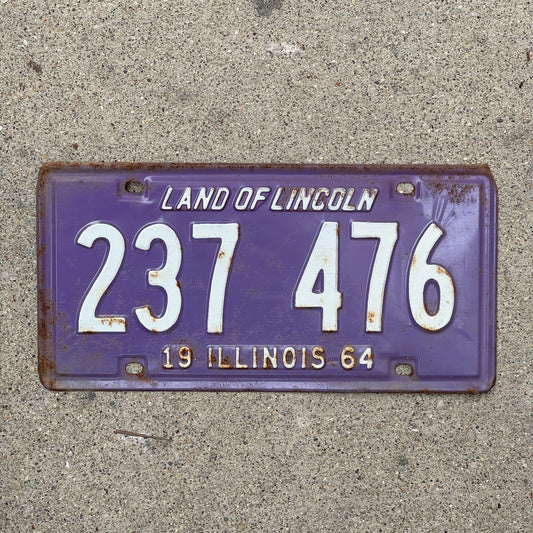 Photo of a 1964 Illinois License Plate Auto Tag 1 Vintage Garage Purple 237 476 with original patina