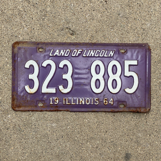 Photo of a 1964 Illinois License Plate Auto Tag 1 Vintage Garage Purple 323 885 with original patina