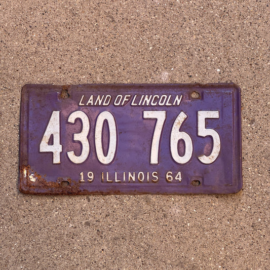 Photo of a 1964 Illinois License Plate Auto Tag 1 Vintage Garage Purple 430 765 with original patina