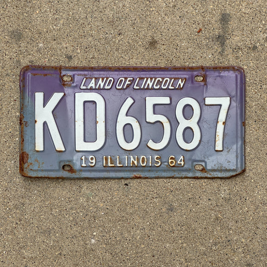 Photo of a 1964 Illinois License Plate Auto Tag 1 Vintage Garage Purple KD 6587 with original patina