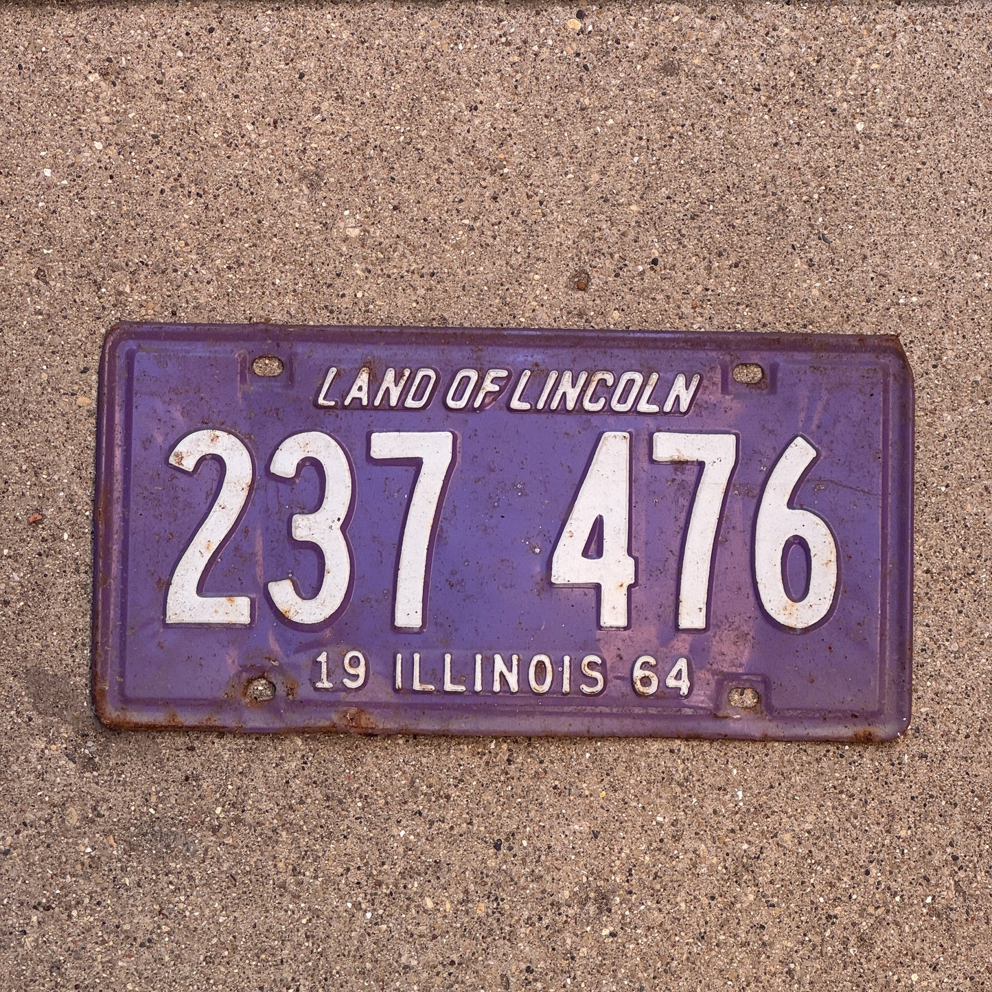 Photo of a 1964 Illinois License Plate Auto Tag 2 Vintage Garage Purple 237 476 with original patina
