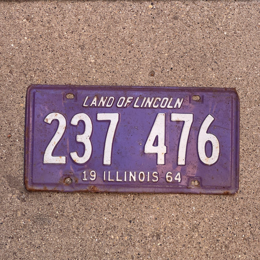 Photo of a 1964 Illinois License Plate Auto Tag 2 Vintage Garage Purple 237 476 with original patina