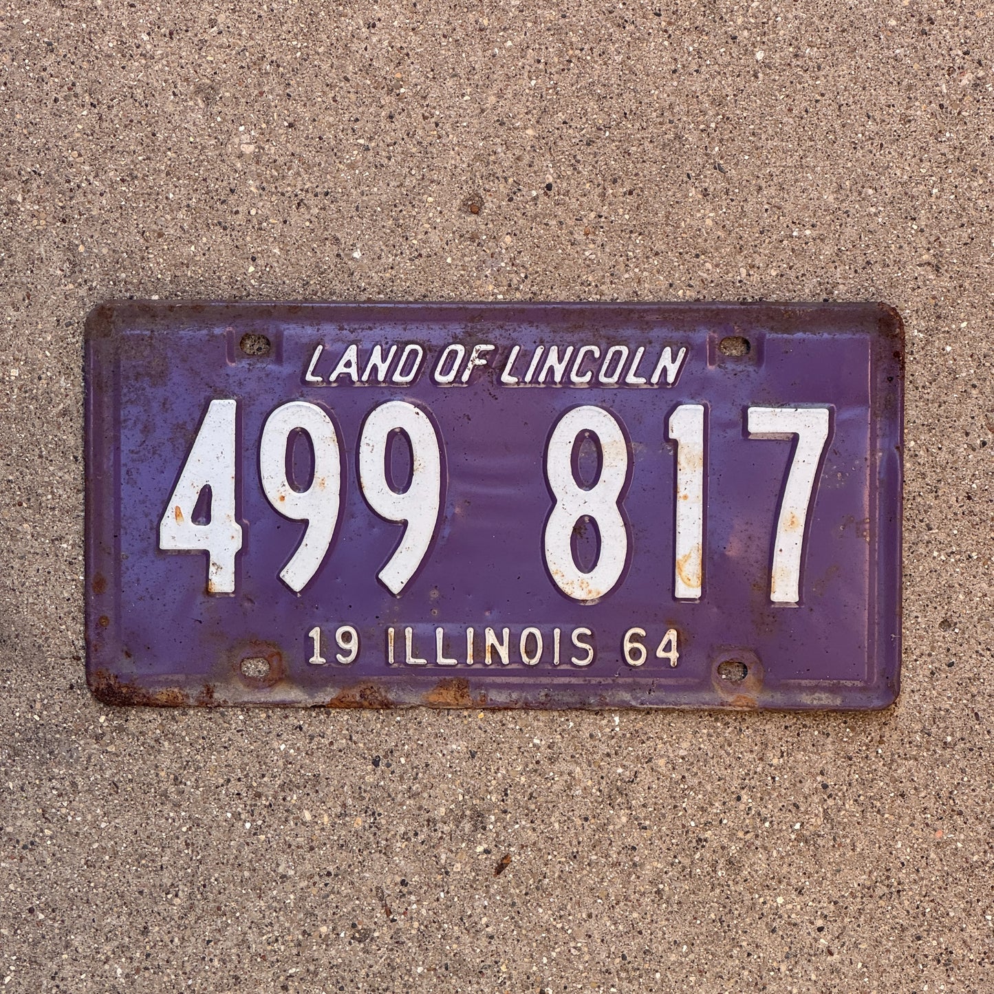 Photo of a 1964 Illinois License Plate Auto Tag 2 Vintage Garage Purple 499 817 with original patina