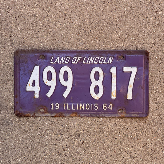 Photo of a 1964 Illinois License Plate Auto Tag 2 Vintage Garage Purple 499 817 with original patina