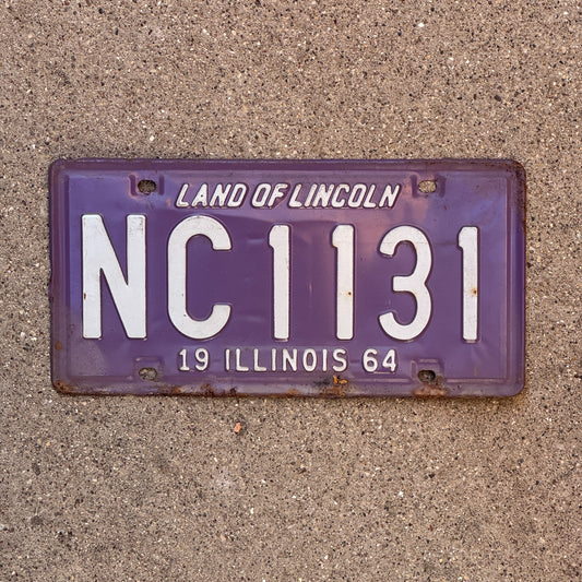 Photo of a 1964 Illinois License Plate Auto Tag 2 Vintage Garage Purple NC 1131 with original patina