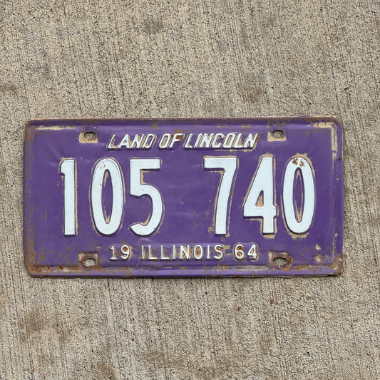 Photo of a 1964 Illinois License Plate Auto Tag Garage Decor Vintage Purple 105 740 with original patina