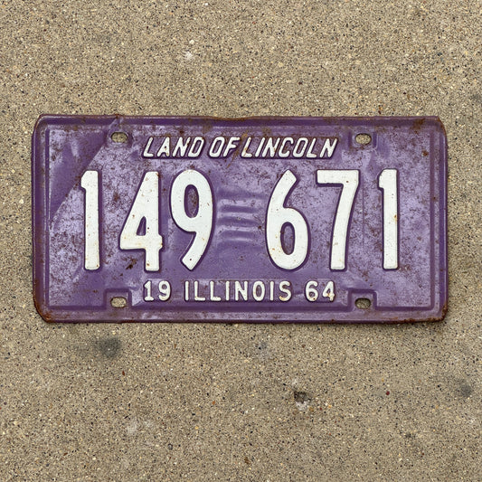 Photo of a 1964 Illinois License Plate Auto Tag Garage Decor Vintage Purple 149 671 with original patina