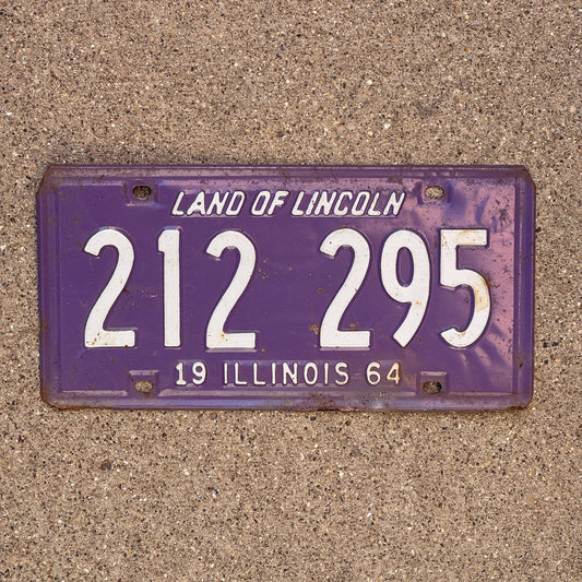 Photo of a 1964 Illinois License Plate Auto Tag Garage Decor Vintage Purple 212 295 with original patina