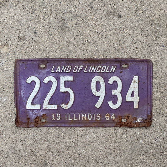 Photo of a 1964 Illinois License Plate Auto Tag Garage Decor Vintage Purple 225 934 with original patina