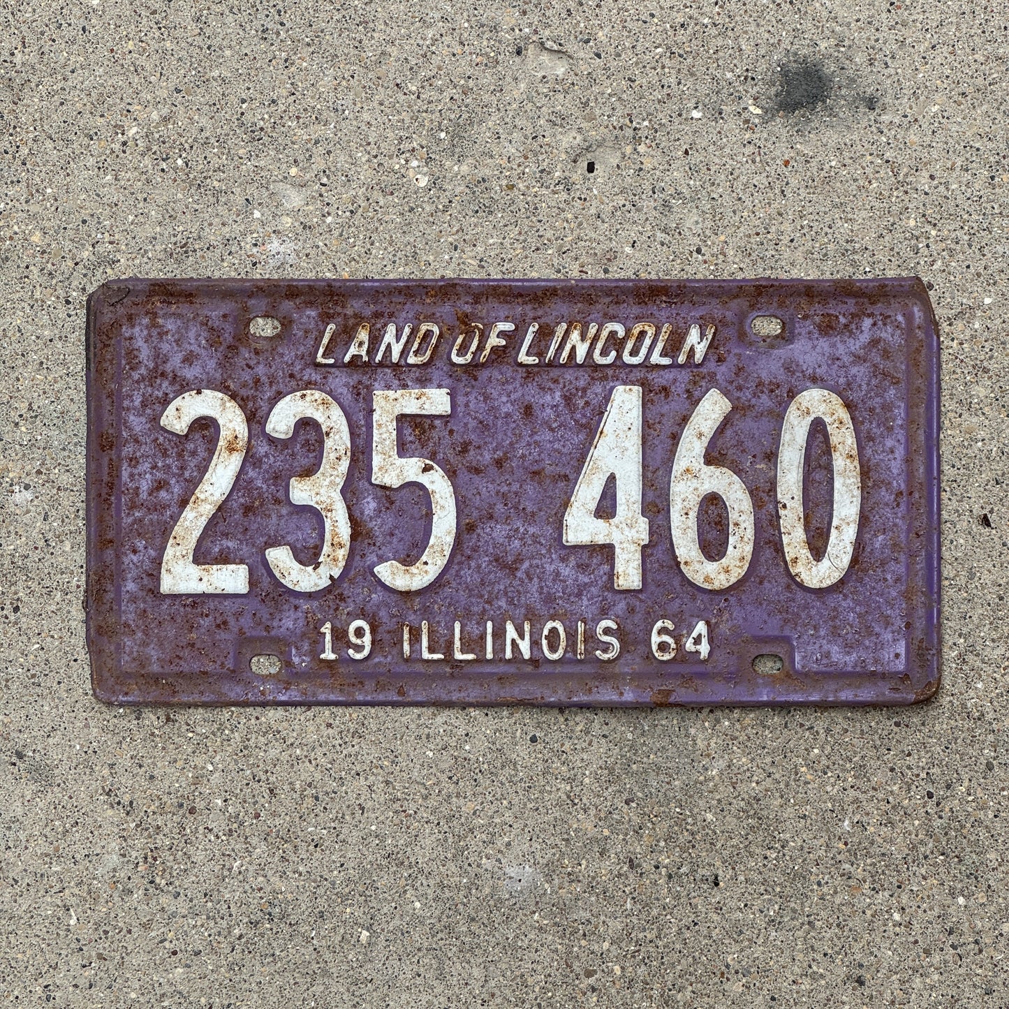Photo of a 1964 Illinois License Plate Auto Tag Garage Decor Vintage Purple 235 460 with original patina