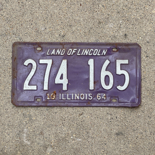 Photo of a 1964 Illinois License Plate Auto Tag Garage Decor Vintage Purple 274 165 with original patina